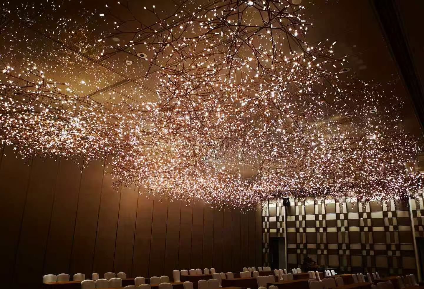 Custom starfield branch chandelier in hotel ballroom